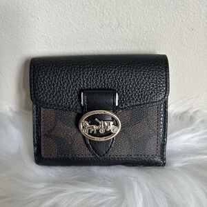 Coach Georgie Small Wallet Signature Canvas Pebble Leather Black Brown 7250 NEW